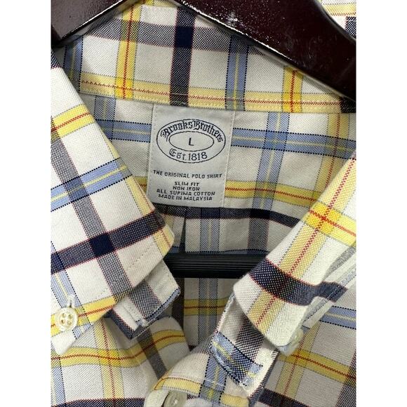 Brooks Brothers Slim Fit Blue & Yellow Check Print Button Up Shirt Men's Large - Picture 3 of 4